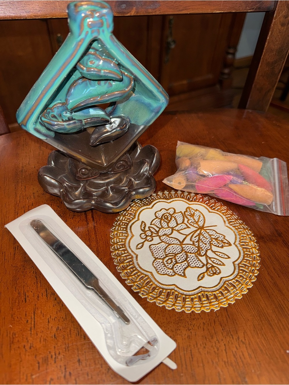 Ceramic Waterfall Incense Burner with Decorative Doily and Incense